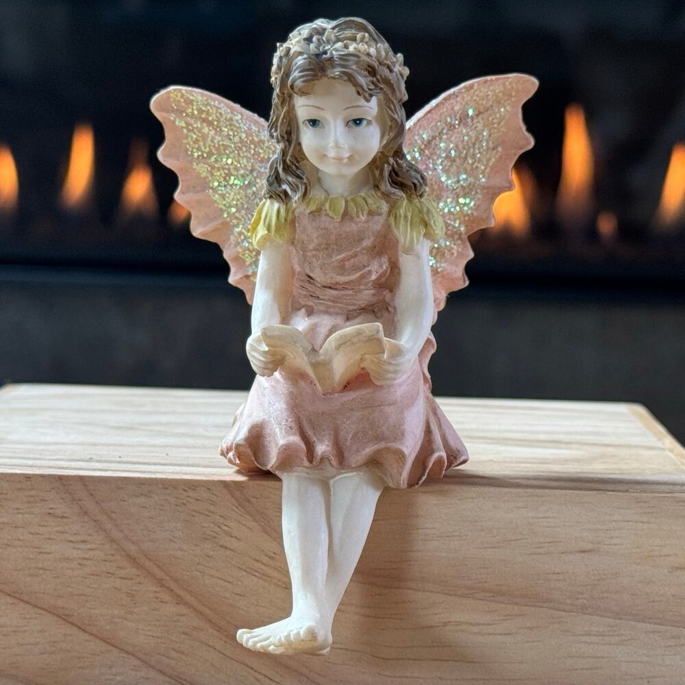 Vintage 1993 Dezine Fairy Figurine 4" Shelf Sitter Reading Book Pink Dress